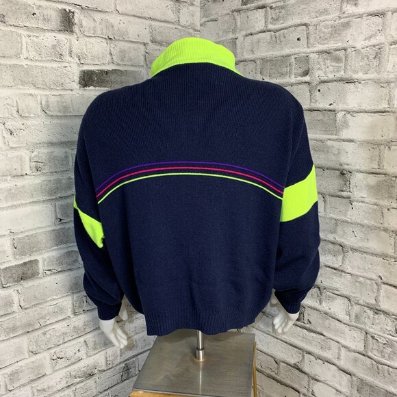 Vintage Jardi Wool Blend Navy Neon Green Knit Full Zip Ski Cadigan Sweater - Picture 7 of 14